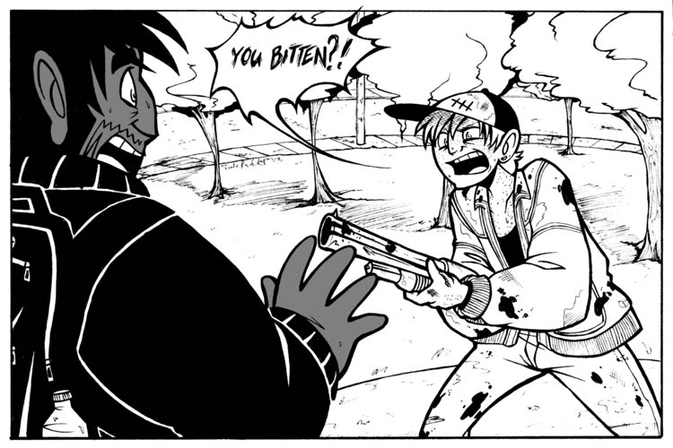 A Dead City comic page, done in black, white and 50% grey with some hatching. Our man is out in the open now and met with another man who's pointing a gun at him while yelling "You bitten?!" This second man is thin, white, with medium toned hair, freckles and wearing a dirty ball cap, a stained leather jacket and jeans. He looks desperate.