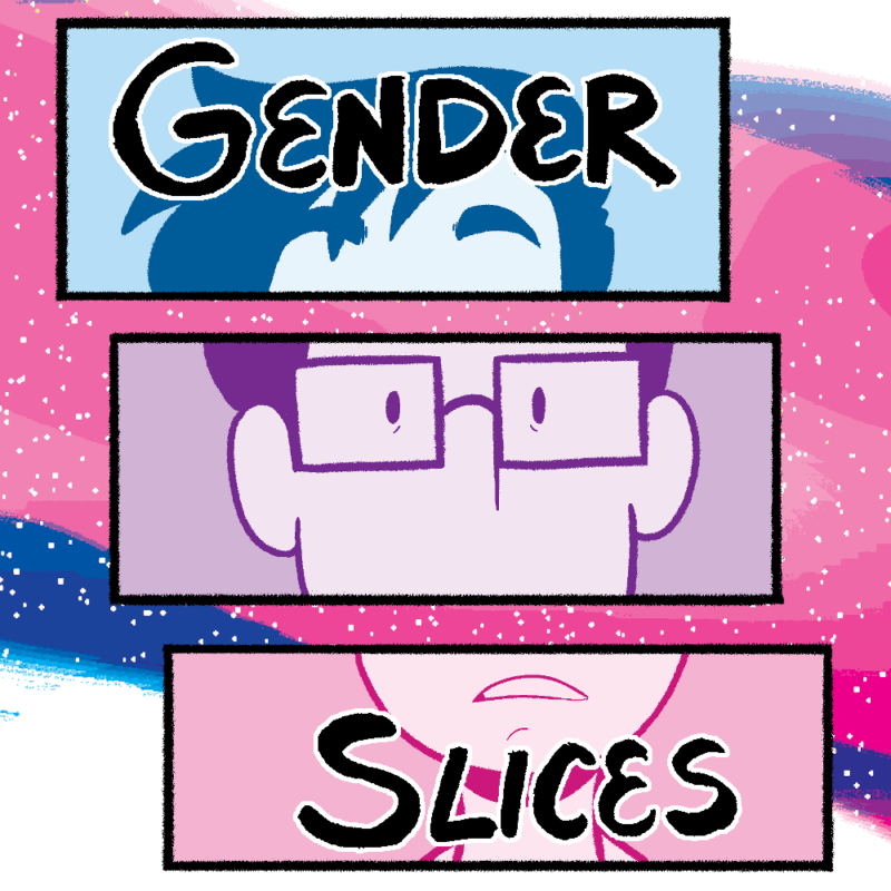 The book cover of "Gender Slices". A drawing of myself is split into three panels. The first being my forehead in blue. The second is my eyes in purple. The third is my mouth and chin in pink. The title "Gender Slices" reads in the first and last panel. The background is a wave of white, blue and pink, being the trans colours. At the bottom reads "Jey Pawlik"