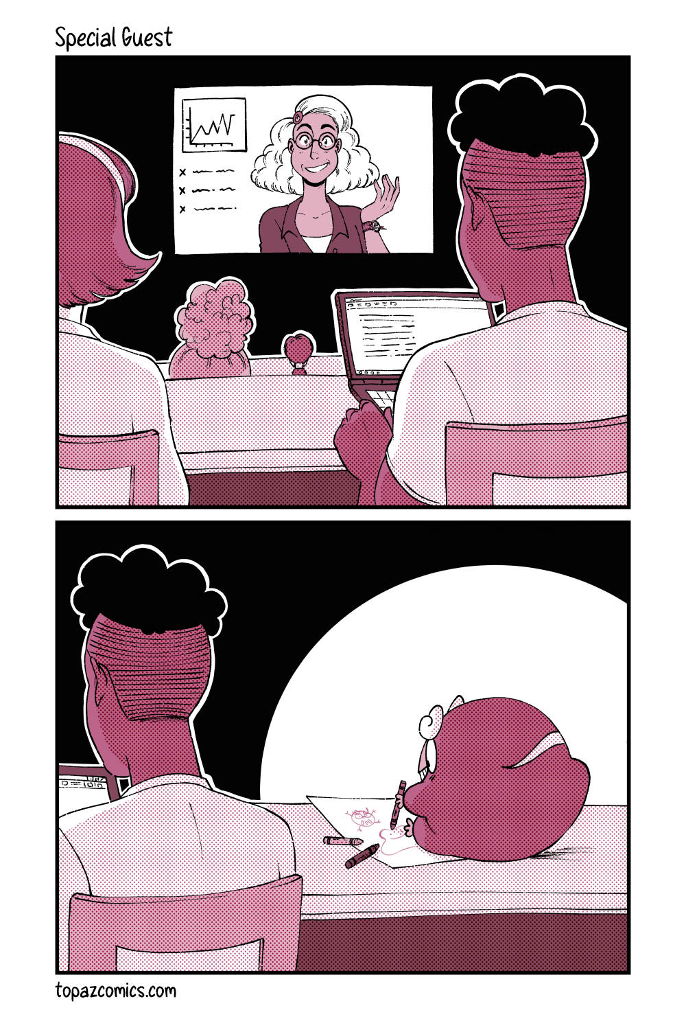 Comic with black line art and coloured in shades of dusty pink. Panel one shows Daven in a classroom from behind, with a dark background and a presentation going on at the front of the class with a special guest speaker. Panel two, the same angle as the first panel but we’ve moved to the right to see Darumaka sitting on the desk beside Daven, she’s smiling and colouring on a piece of paper.