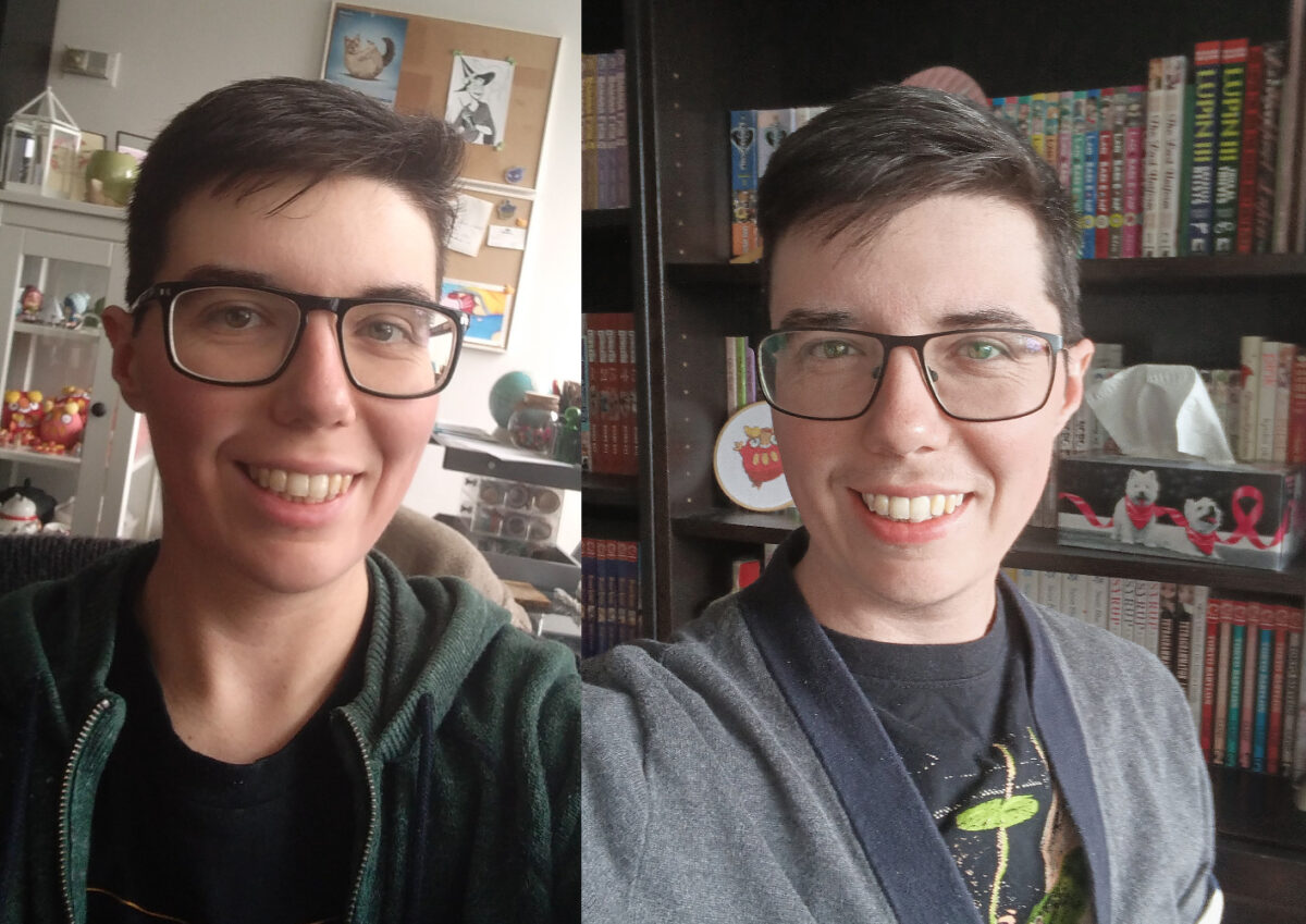 Two photos of Jey side by side, the left is pre-T and the right is 1 year into T. There are slight differences like some moustache hair and a squarer jaw.