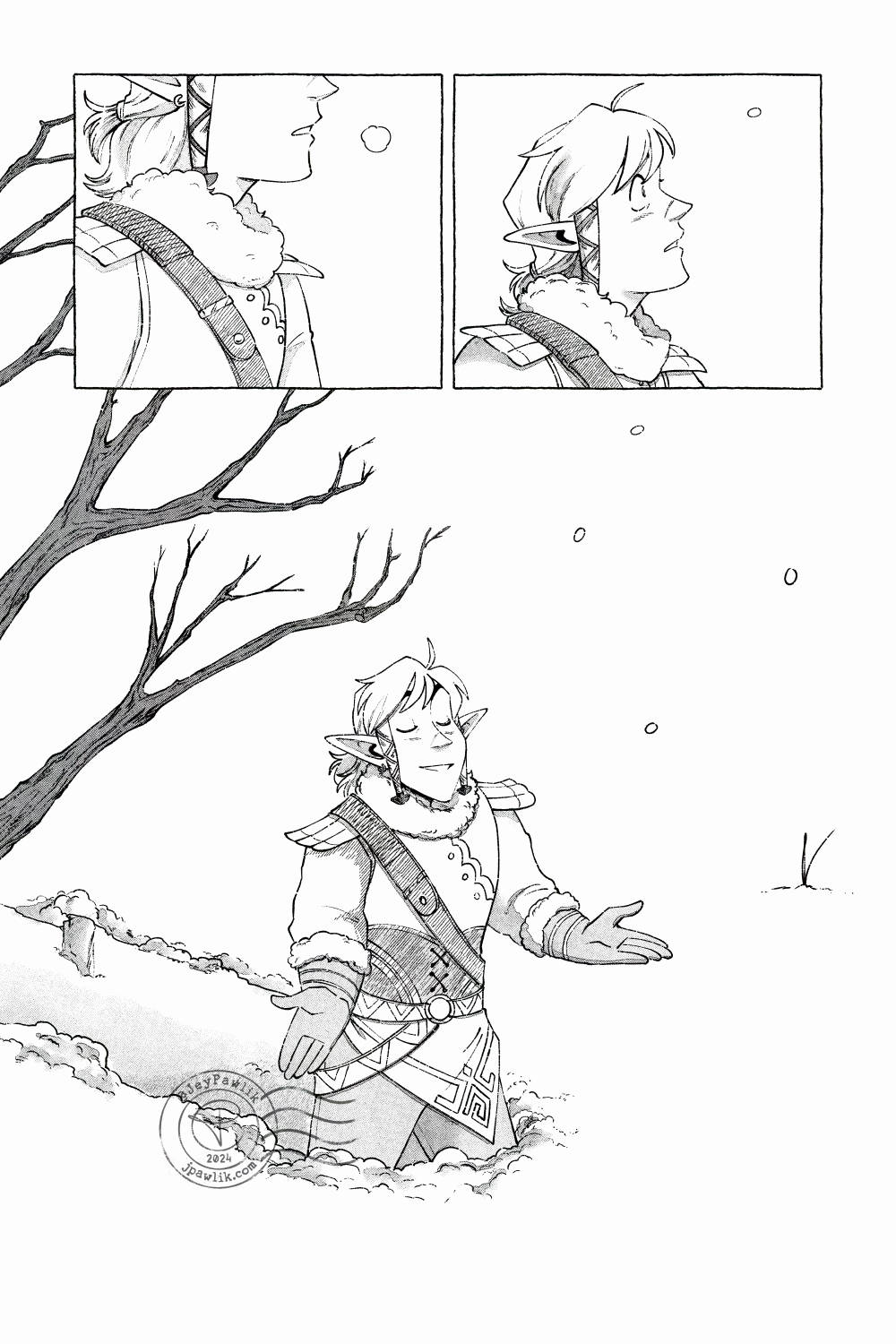 Comic page in black, white and halftones. Panel one, Link from the Legend of Zelda is seen from the side and only from his nose down, we can see his breath. Panel two, the view pans up so we see Link's face as he looks up at a single snowflake. Panel three, a shot from above as Link takes a moment to appreciate the falling snow around him.