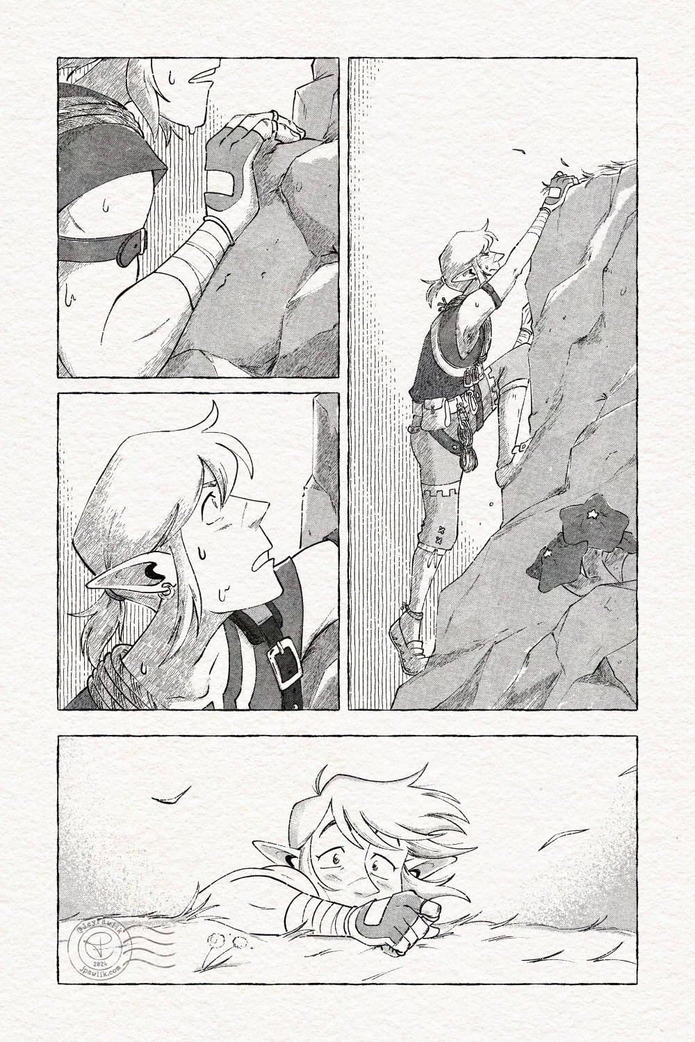 Comic page in black, white and halftones. Panel one, Link from the Legend of Zelda is seen from the side and only from his nose down, we can see his breath. Panel two, the view pans up so we see Link's face as he looks up at a single snowflake. Panel three, a shot from above as Link takes a moment to appreciate the falling snow around him.