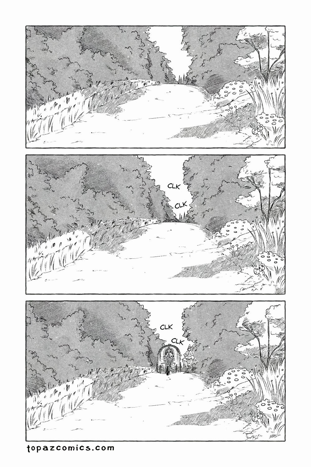 The Curse Eater comic page done in black and white with halftones. We see a fairly well maintained dirt road with various types of trees and vegetation on either side. The sound effects "CLK CLK" can be seen while a roof of a caravan comes into view. As it gets closer, we can see two people in the distance. One is riding a bike that's pulling the caravan and the other is sitting atop a floating staff. The two are making their way down the road together.