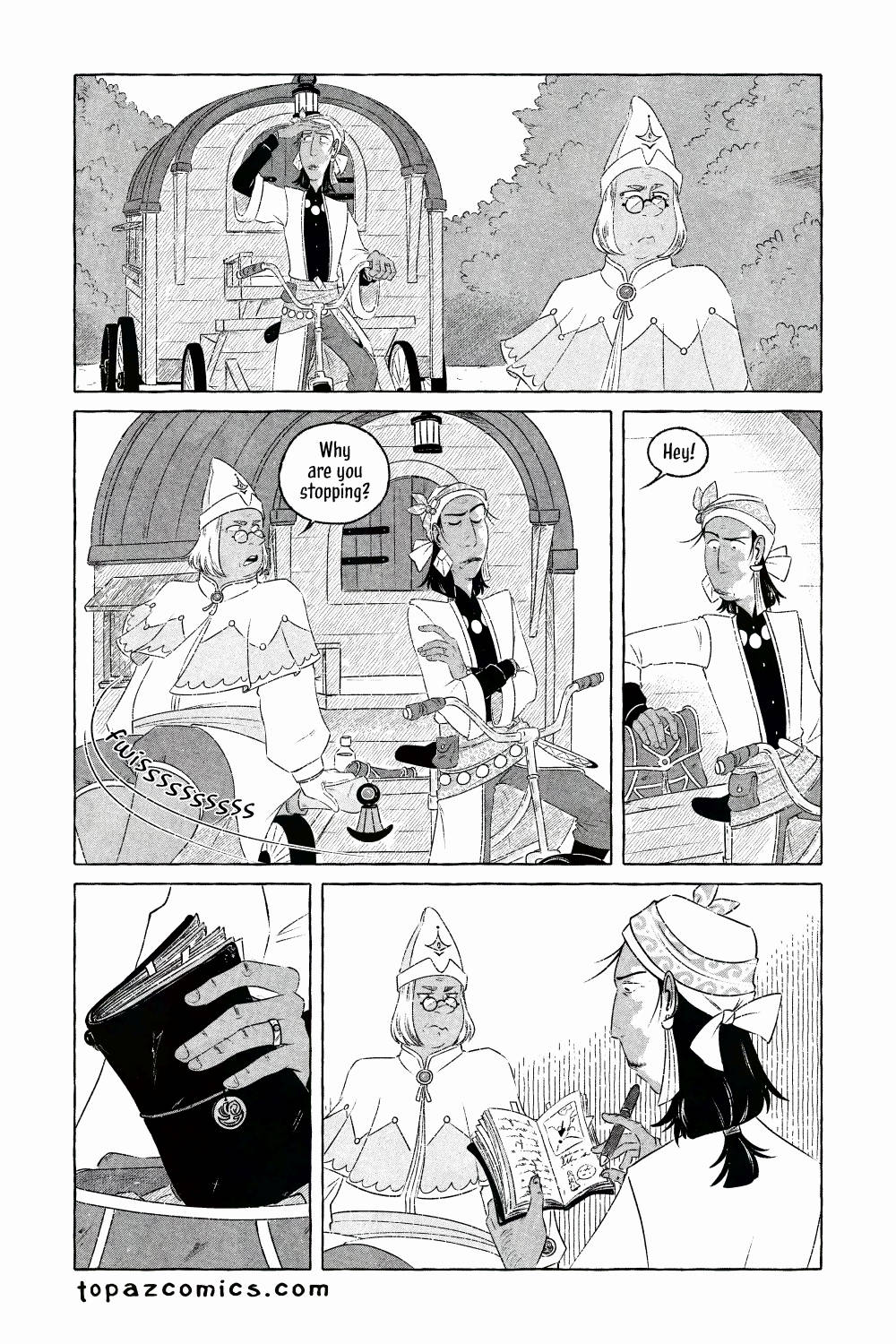 The Curse Eater comic page done in black and white with halftones. Salvator has stopped peddling his bike and is shading his eyes while looking to the left. Vasilios is in the foreground looking annoyed. He swerves his staff around and looks angrily at Sal saying "Why are you stopping?". Sal is thinking and ignoring Vasilios, then picks up a bag from the front of his caravan. He pulls out a black notebook stuffed with papers and bookmarks. Vasilios continues to look annoyed as Sal ignores him while checking his notes.