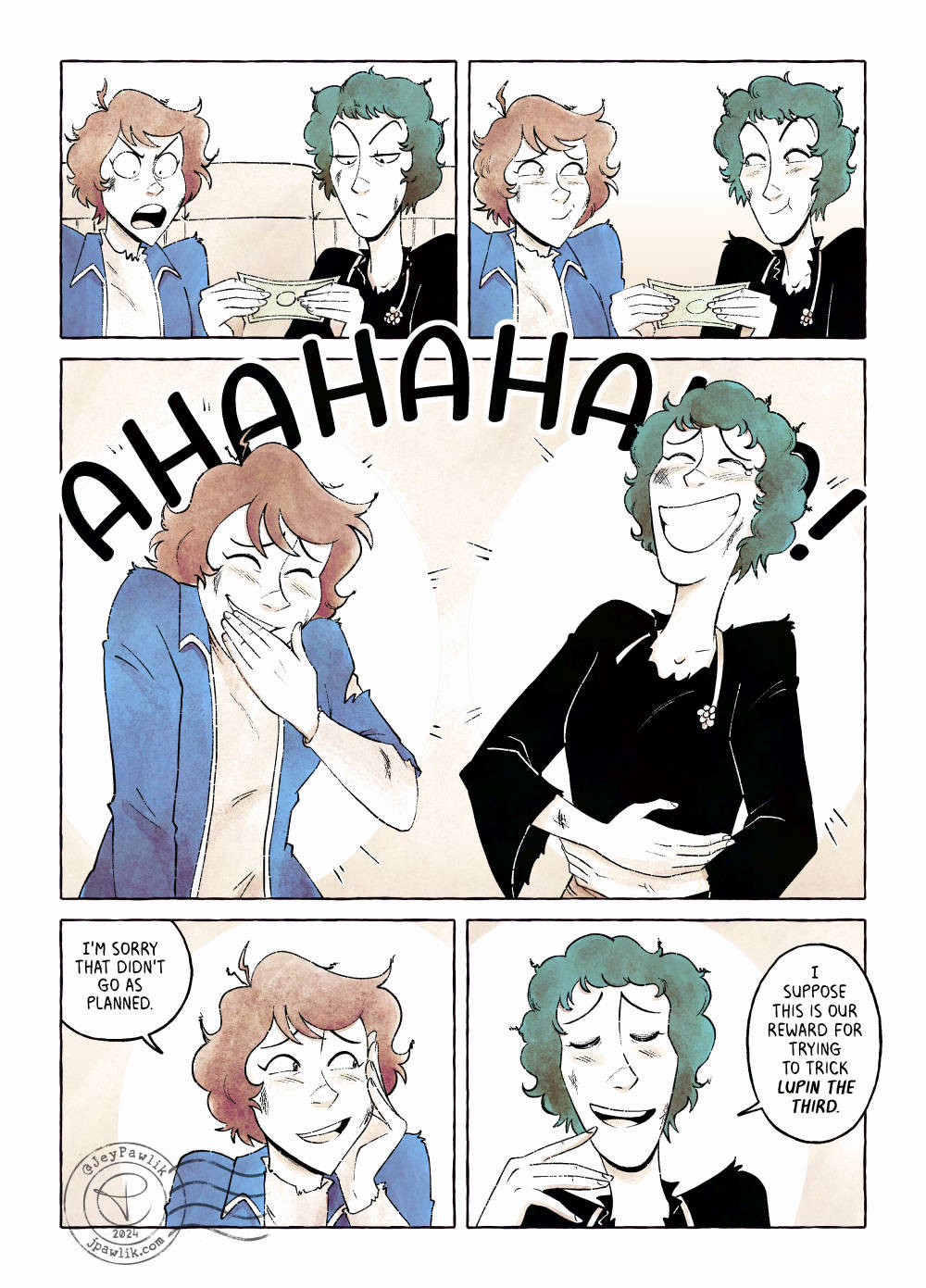 Comic page 2, the two women look down at the bill Fujiko looking furious and Ginko looking unimpressed. But the two look at one another and begin laughing. Fujiko says "I'm sorry that didn't go as planned." With Ginko waving it off and saying "I suppose this is our reward for trying to trick Lupin the Third."