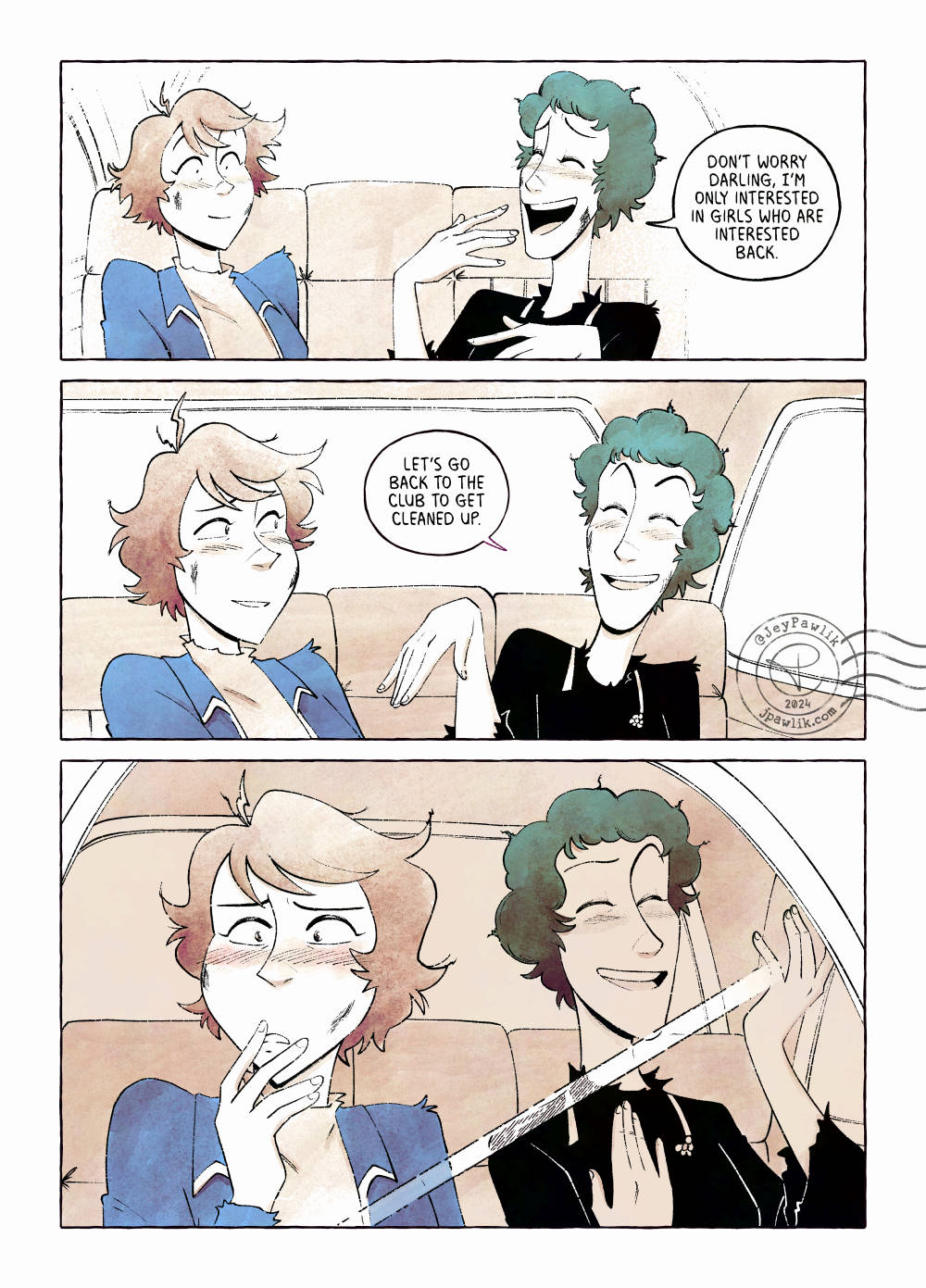 Comic page 4, Lady Ginko pulls back and laughs which surprises Fujiko. Ginko says "Don't worry darling. I'm only interested in girls who are interested back." Fujiko looks surprised but is smiling regardless. Ginko continues "Let's go back to the club to get cleaned up." As the car drives off, Fujiko is thinking about the interaction and while looking out the window she touches her lips as Ginko chatters on in the background.