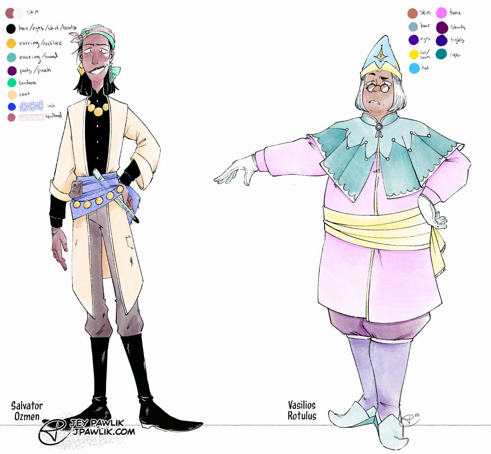 Character sheet for Salvator Ozmen and Vasilios Rotulus from The Curse Eater. Salvator is a smarmy looking slender man with long black hair pulled back into a low pony tail, he's a person of colour with vitiligo which is more prominent on his left side. Salvator is wearing a headband and a bandana, a big gold necklace, a black high collared under shirt with a light coloured simple jacket on top. He's wearing a blue sash that goes over his jacket which holds a leather pouch, a short sword, and a large gold belt. He's got simple brown pants and high black boots. Vasilios is a dignified fat man of colour with straight grey hair that frames his face and ends around his chin. He's wearing a conical hat that has a symbol on the front that looks like a wizard hat logo. His outfit consists of a short fancy cape that wraps around his shoulders, a pink tunic that ends above his knees, gloves, a sash that goes around his waist, poofy purple pants and lighter purple tights underneath. His shoes are slip-ons that curl up at the toe.
