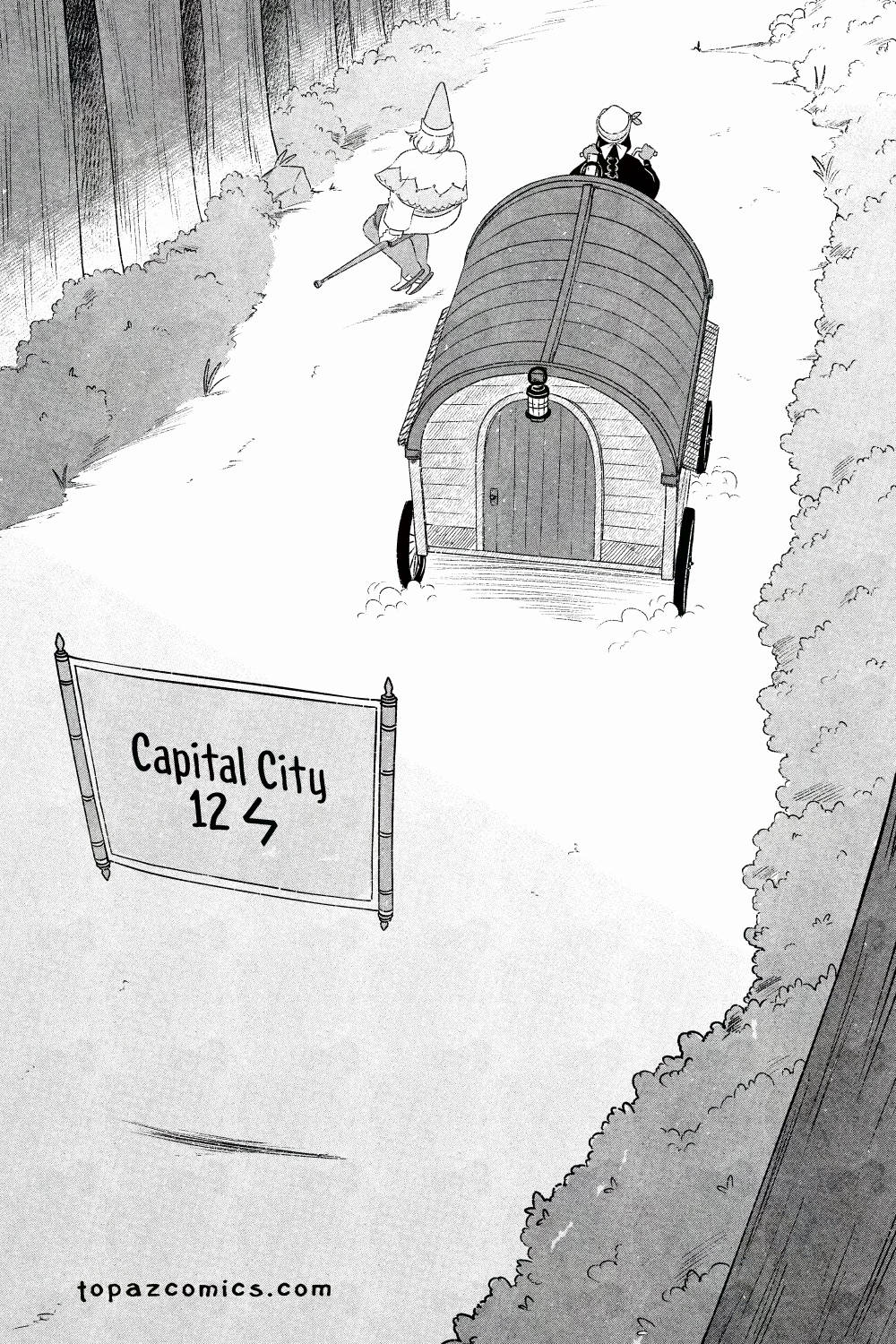 The Curse Eater comic page done in black and white with halftones. Salvator and Vasilios continue making their way together through the forest path in a birds eye view. Salvator is riding his bike caravan again and Vasilios is sitting upon his floating staff. A sign in the forground that hovers well above the ground reads "Capital City, 12 --" with a symbol beside the 12 we can't read but implies the world's measurement of distance.