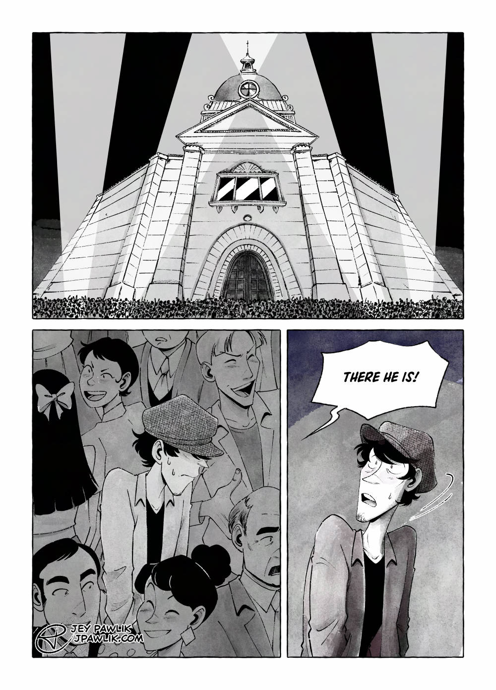 A Lupin the Third fan comic. A crowd has gathered outside of the Yokohama bank, eager to see if Lupin the Third will actually appear. Jigen is part of the crowd, but unlike the other members who are looking forward to seeing the show he is tense and nervous. Someone from the crowd shouts “there he is!” Jigen looks up, hopeful that this really will be his old friend, but scared in case it’s not.