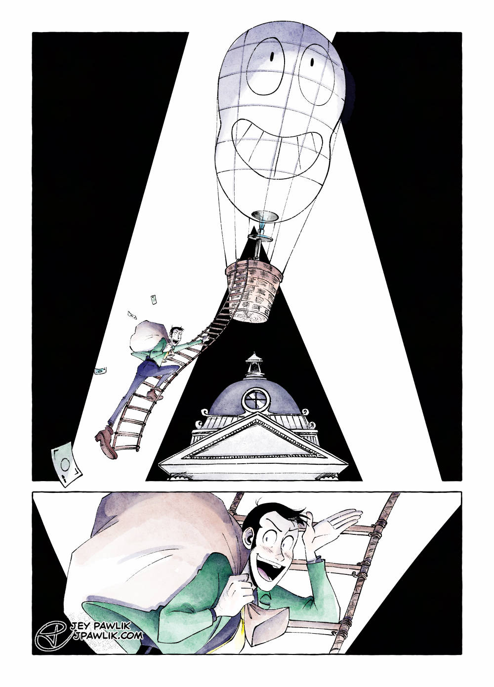 A Lupin the Third fan comic. A young Lupin the Third is hanging from a hot-air balloon designed to look like a cartoon of his face. He has a large bag of money over his shoulder and is dramatically positioned in front of the central tower of the Yokohama bank. He is waving to the crowd below him. He has the showmanship he displays when he is older, but is a bit awkward.