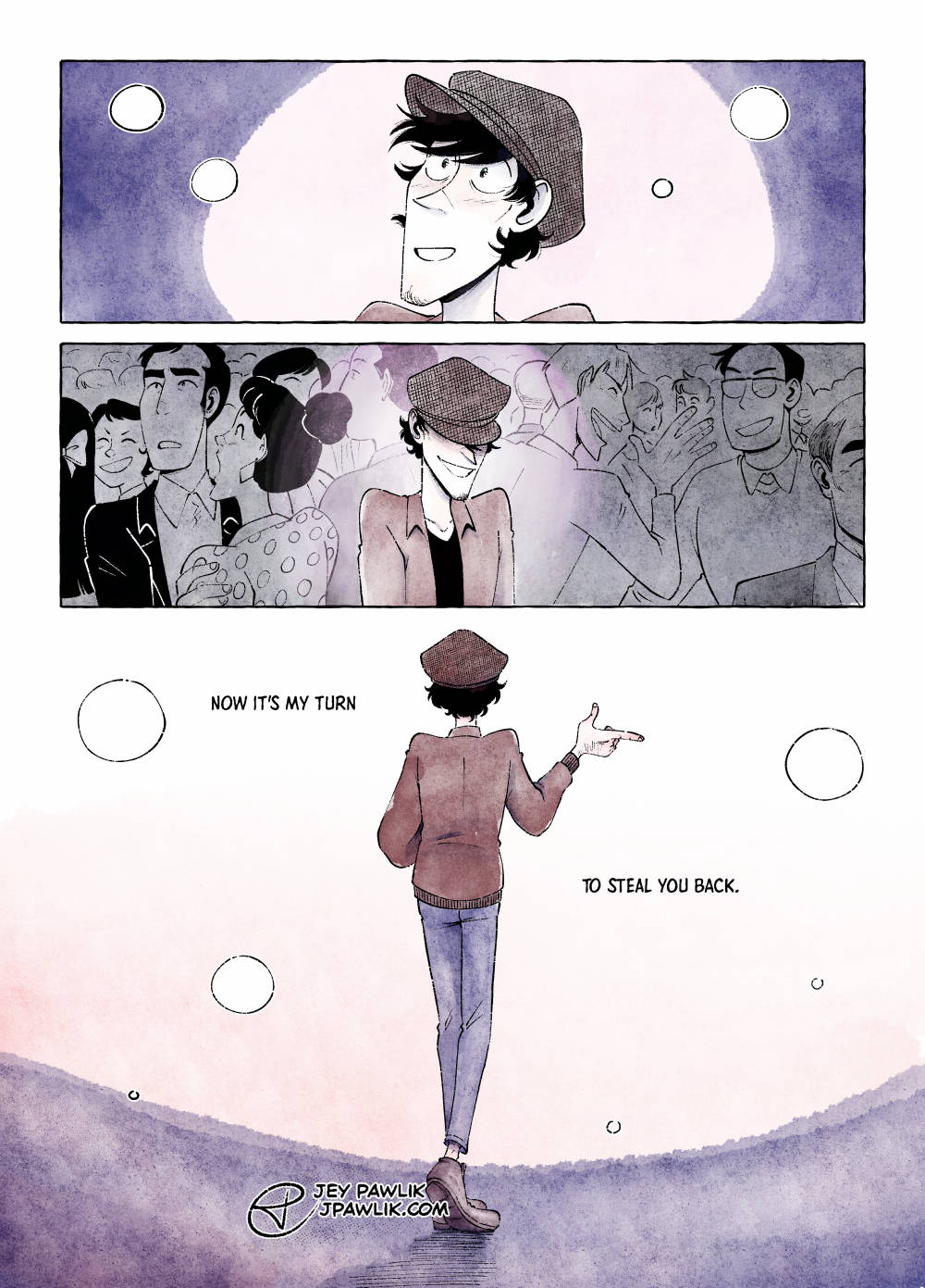 A Lupin the Third fan comic. Jigen is looking up at Lupin in awe - he’s everything he remembered him being and more. He begins walking away from the crowd, but he is no longer nervous and anxious. Lupin the Third is real, and this time Jigen’s going to find him.