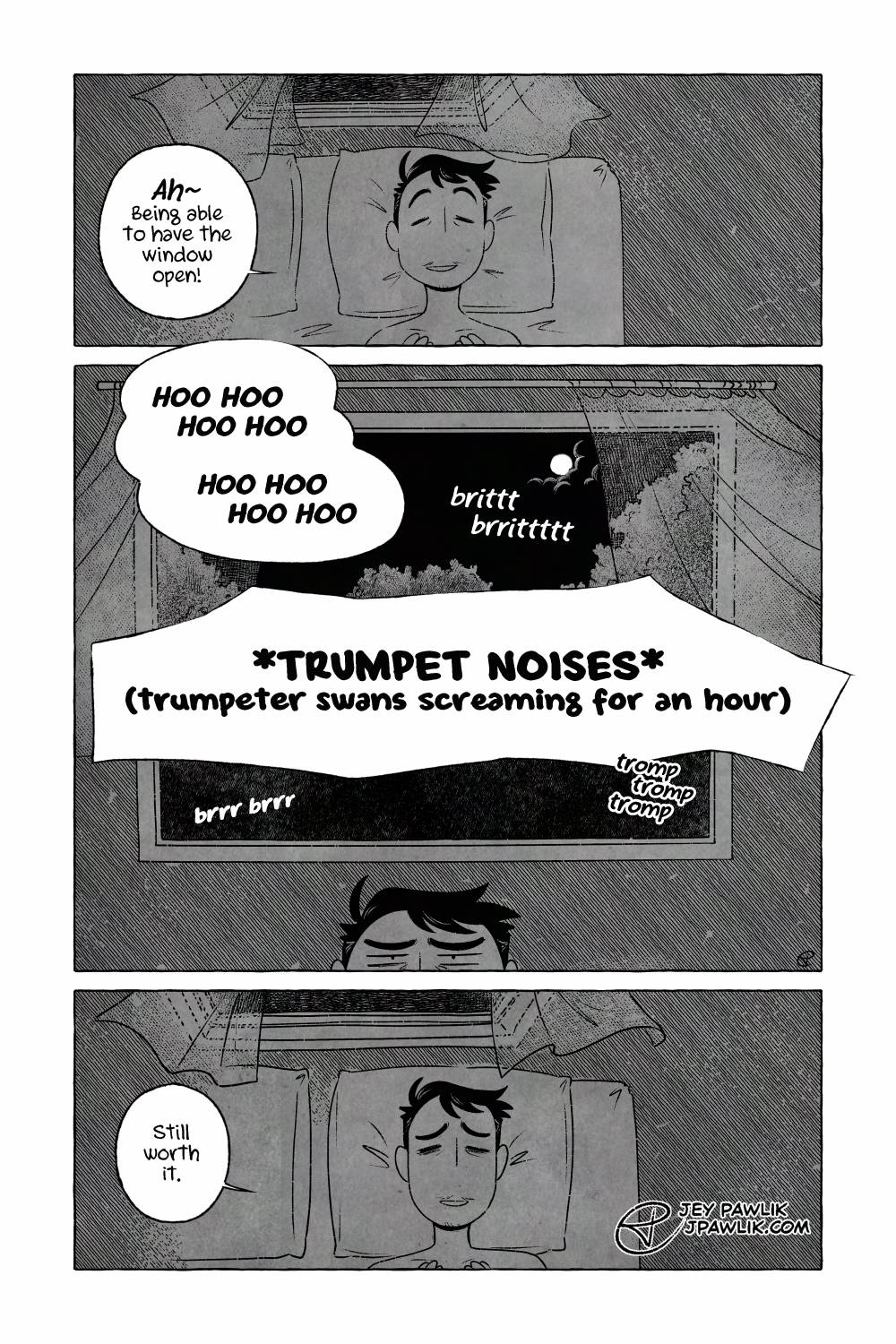 Digital comic done in black, white and textured greys. Jey is in bed with their eyes closed and smiling while saying "Ah~ Being able to have the window open!" while they're at the cottage in nature instead of in the city. The moon shines through the window as nature makes noises "HOO HOO HOO HOO" and "brittt brittttt" and "Trumpet noises (trumpeter swans screaming for an hour" and "tromp tromp tromp" and "brr brrr" while Jey looks on tiredly. Jey is in bed with their eyes closed and smiling with bags under their eyes while saying "Still worth it."
