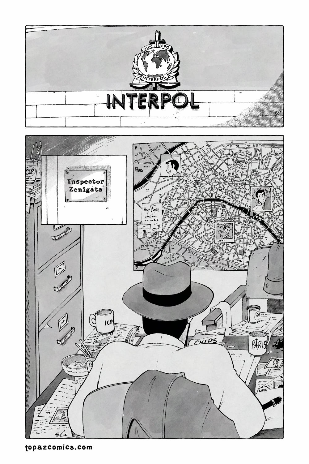 A Lupin the Third fan comic. Inspector Zenigata is sitting in the Interpol building. His desk is unbelievably messy and all around him are bit and pieces of things he’s using to try and catch Lupin. Everything is chaotic, but there is some kind of system.